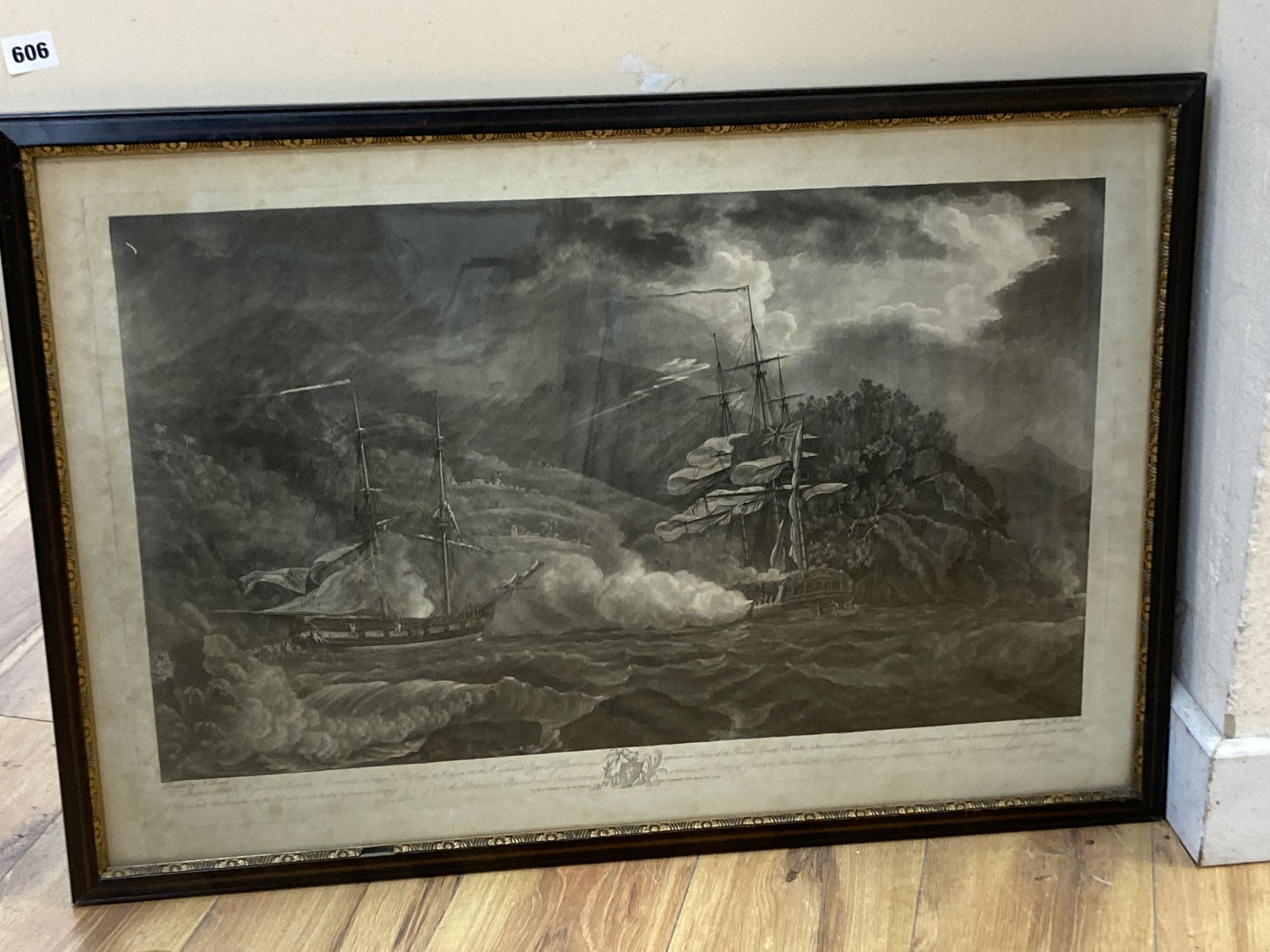 Pollard after Pocock, aquatint, Action off Grenada, between The Mermaid and Brutus 1795, 49 x 73cm